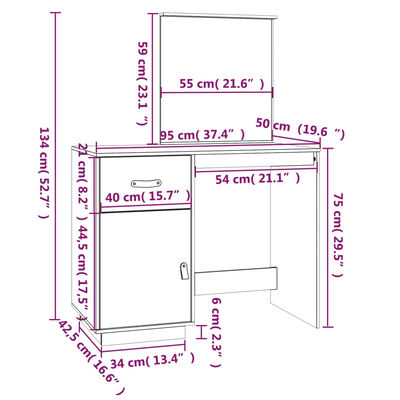 vidaXL Coiffeuse Noir 95x50x134 cm Bois de pin massif