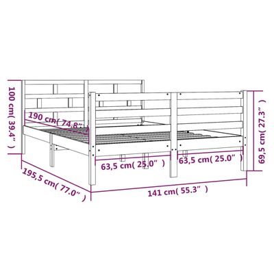 vidaXL Cadre de lit Gris 135x190 cm Double Bois massif