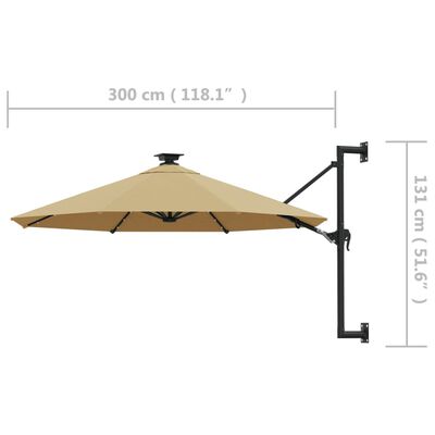 vidaXL Parasol mural de jardin avec LED 300 cm taupe