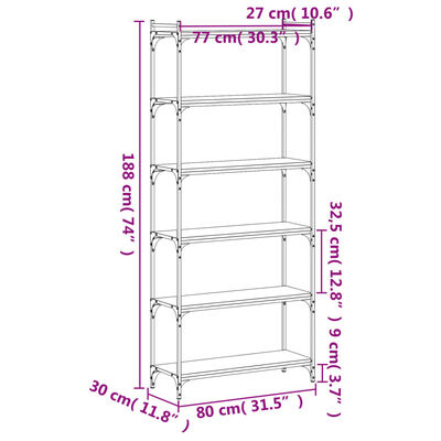 vidaXL Bibliothèque 6 niveaux chêne fumé 80x30x188cm bois d'ingénierie