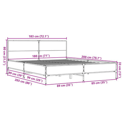 vidaXL Cadre de lit chêne fumé 180x200 cm bois d'ingénierie et métal