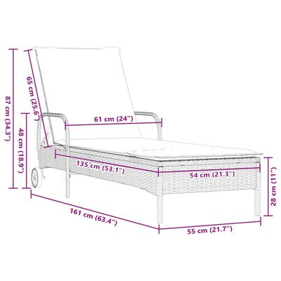 vidaXL Chaise longue avec roues et coussin beige résine tressée