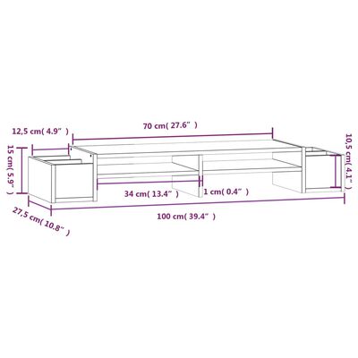 vidaXL Support de moniteur Gris 100x27,5x15 cm Bois de pin solide