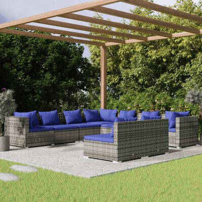 vidaXL Salon de jardin 9 pcs avec coussins Gris Résine tressée