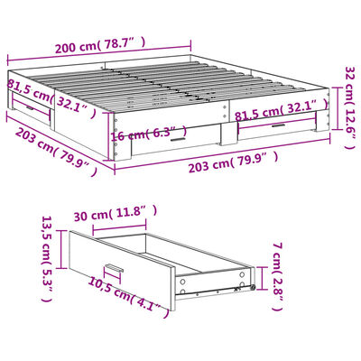 vidaXL Cadre de lit et tiroirs chêne fumé 200x200 cm bois d'ingénierie