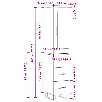 vidaXL Buffet haut Chêne marron 34,5x34x180 cm Bois d'ingénierie