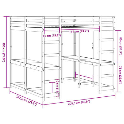 vidaXL Lit superposé et bureau et échelle 180x200cm bois de pin massif