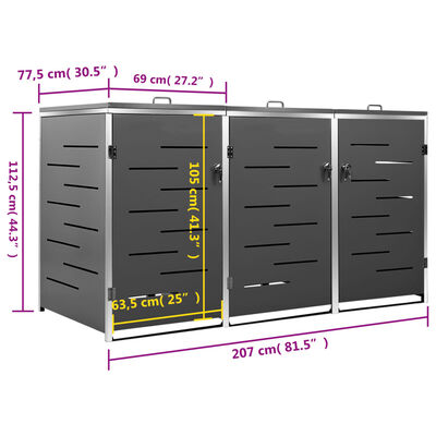 vidaXL Abri pour trois poubelles 207x77,5x112,5 cm Inox