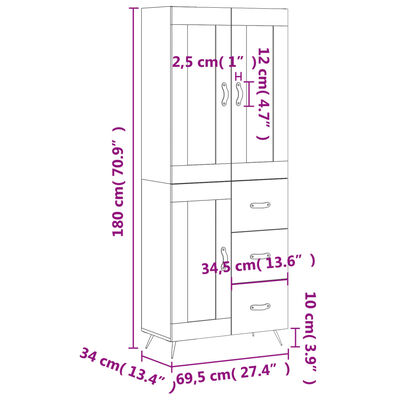 vidaXL Buffet haut Noir 69,5x34x180 cm Bois d'ingénierie