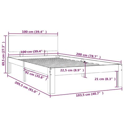 vidaXL Cadre de lit Marron miel Bois de pin massif 100x200 cm