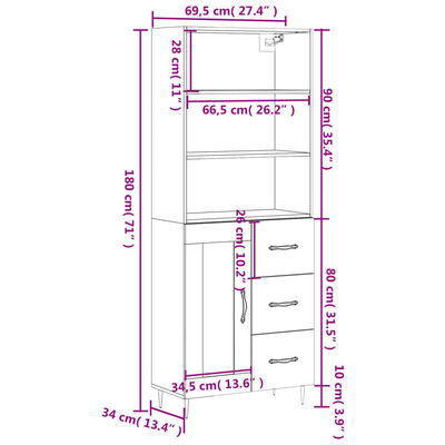 vidaXL Buffet haut Gris béton 69,5x34x180 cm Bois d'ingénierie