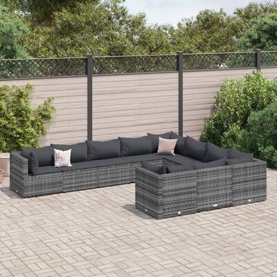 vidaXL Salon de jardin avec coussins 10 pcs gris résine tressée