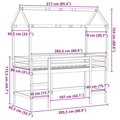 vidaXL Lit superposé et échelle et toit 80x200 cm bois de pin massif