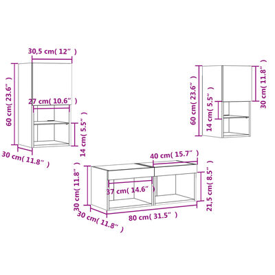 vidaXL Meuble TV muraux 4 pcs avec lumières LED gris béton