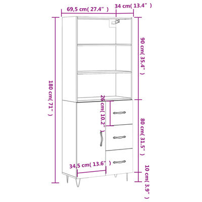 vidaXL Buffet haut Chêne marron 69,5x34x180 cm Bois d'ingénierie