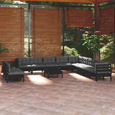 vidaXL Salon de jardin 12 pcs avec coussins Noir Bois de pin solide