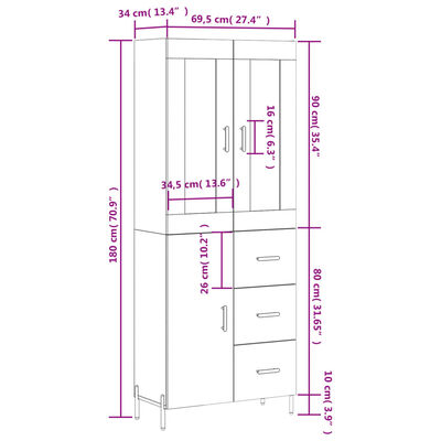 vidaXL Buffet haut Blanc brillant 69,5x34x180 cm Bois d'ingénierie