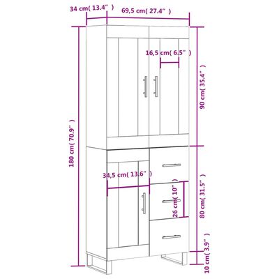 vidaXL Buffet haut Chêne marron 69,5x34x180 cm Bois d'ingénierie