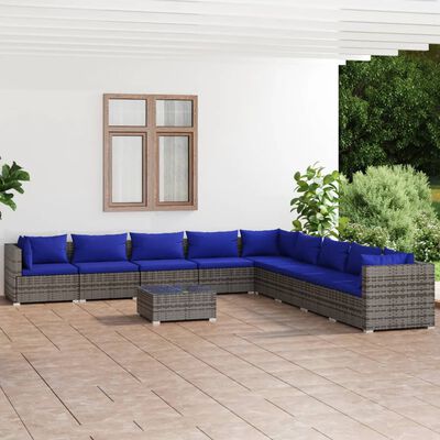 vidaXL Salon de jardin 10 pcs avec coussins Résine tressée Gris