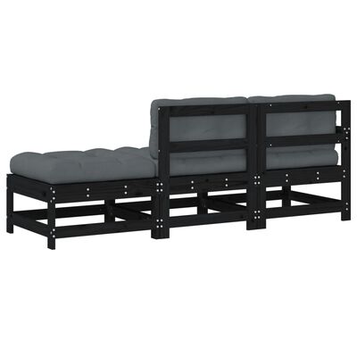 vidaXL Salon de jardin 3 pcs avec coussins noir bois massif