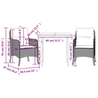 vidaXL Ensemble à manger de jardin 3 pcs et coussins marron poly rotin