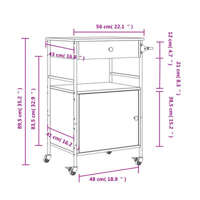 vidaXL Chariot de cuisine chêne fumé 56x43x89,5 cm bois d'ingénierie