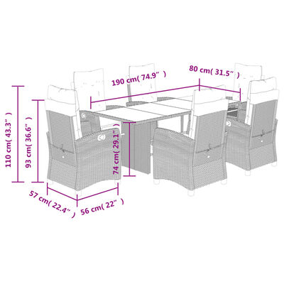 vidaXL Ensemble à manger de jardin et coussins 7 pcs marron rotin