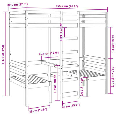 vidaXL Lit mezzanine avec bureau et chaises blanc 75x190 cm pin massif