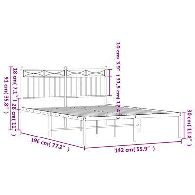 vidaXL Cadre de lit métal avec tête de lit blanc 135x190 cm