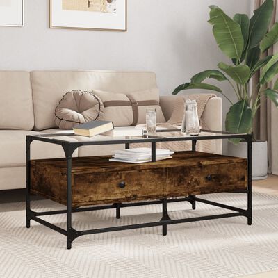 vidaXL Table basse avec dessus en verre chêne fumé 98,5x50x45 cm acier