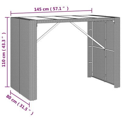 vidaXL Table de bar et dessus en verre noir 145x80x110 cm poly rotin