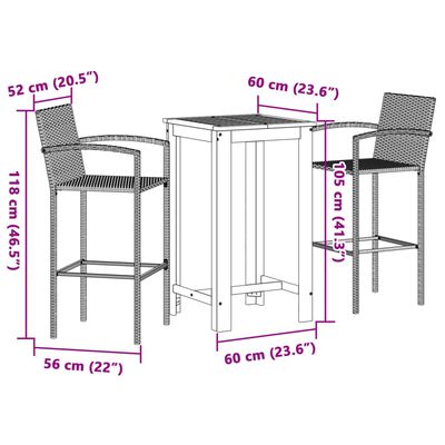 vidaXL Ensemble de bar de jardin 3 pcs gris bois massif acacia rotin