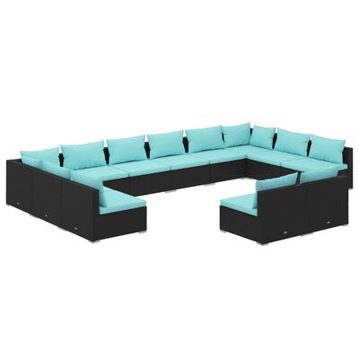 vidaXL Salon de jardin 12 pcs avec coussins Noir Résine tressée