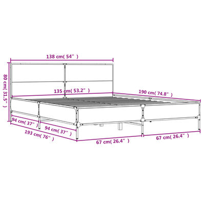 vidaXL Cadre de lit chêne fumé 135x190 cm bois d'ingénierie et métal