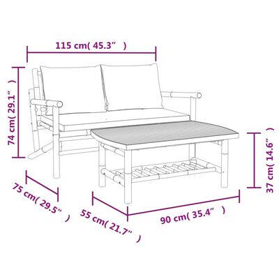 vidaXL Salon de jardin 2 pcs avec coussins blanc crème bambou