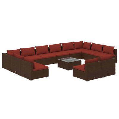 vidaXL Salon de jardin 13 pcs avec coussins Marron Résine tressée