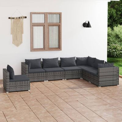 vidaXL Salon de jardin 7 pcs avec coussins Résine tressée Gris