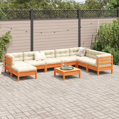 vidaXL Salon de jardin 9 pcs avec coussins marron cire bois pin massif