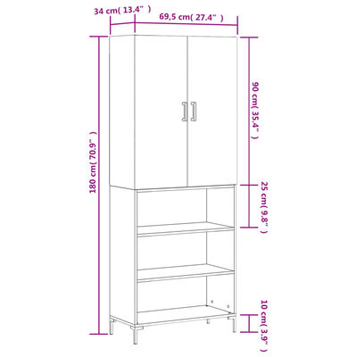 vidaXL Buffet haut Gris béton 69,5x34x180 cm Bois d'ingénierie