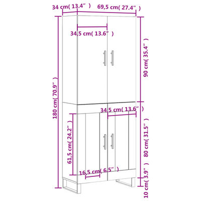 vidaXL Buffet haut Blanc 69,5x34x180 cm Bois d'ingénierie