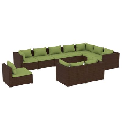 vidaXL Salon de jardin 10 pcs avec coussins Résine tressée Marron