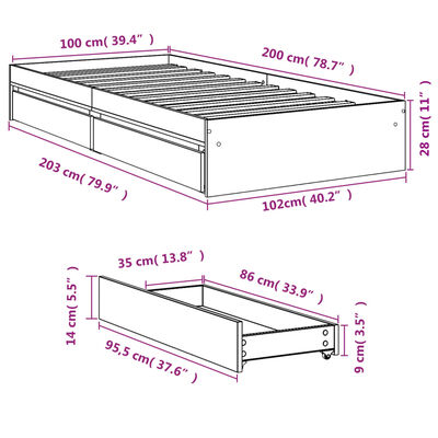 vidaXL Cadre de lit et tiroirs chêne fumé 100x200 cm bois d'ingénierie