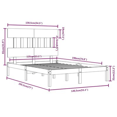 vidaXL Cadre de lit Noir Bois massif 135x190 cm Double