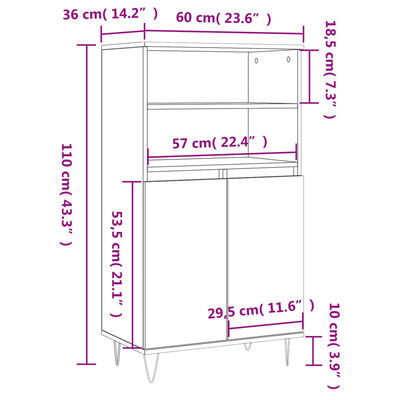 vidaXL Buffet haut Blanc brillant 60x36x110 cm Bois d'ingénierie