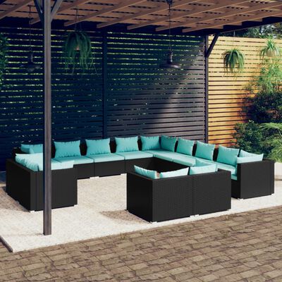 vidaXL Salon de jardin 13 pcs avec coussins Noir Résine tressée