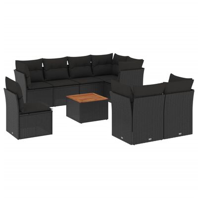 vidaXL Salon de jardin 9 pcs avec coussins noir résine tressée