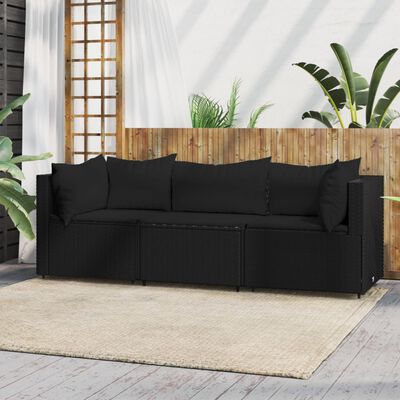 vidaXL Salon de jardin 3 pcs avec coussins Noir Résine tressée