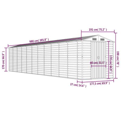 vidaXL Abri de jardin gris clair 191x980x198 cm acier galvanisé