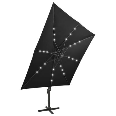 vidaXL Parasol de jardin en porte-à-faux et mât et lumières LED noir