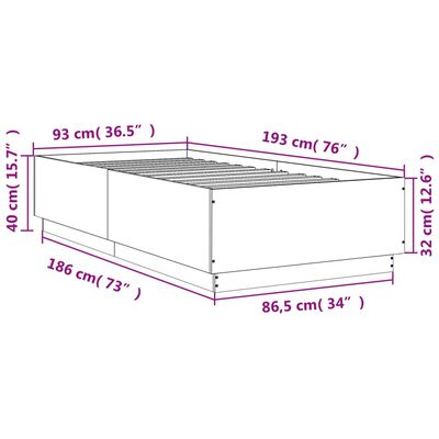 vidaXL Cadre de lit avec LED sans matelas gris béton 90x190 cm